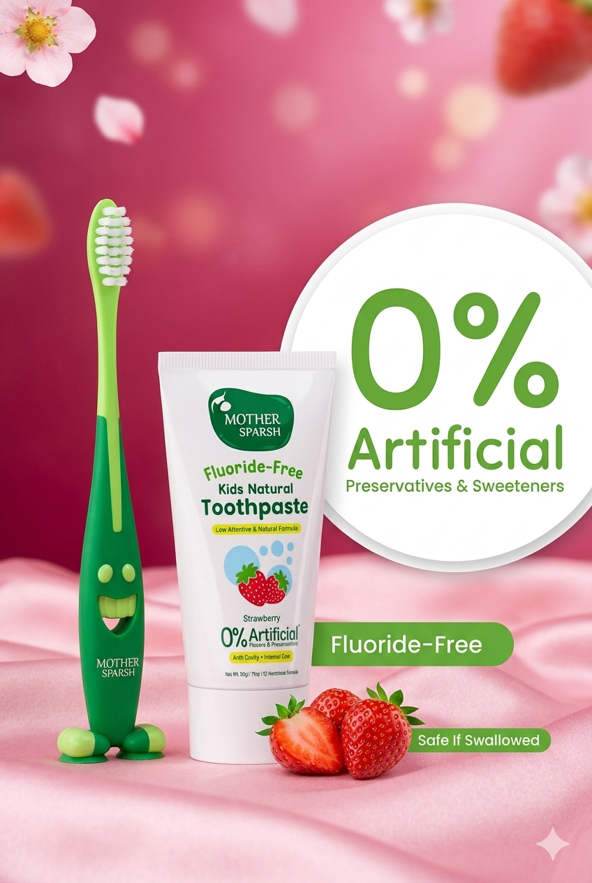 Fluoride free Mother Sparsh Strawberry Kids Natural Toothpaste with Toothbrush - 50g